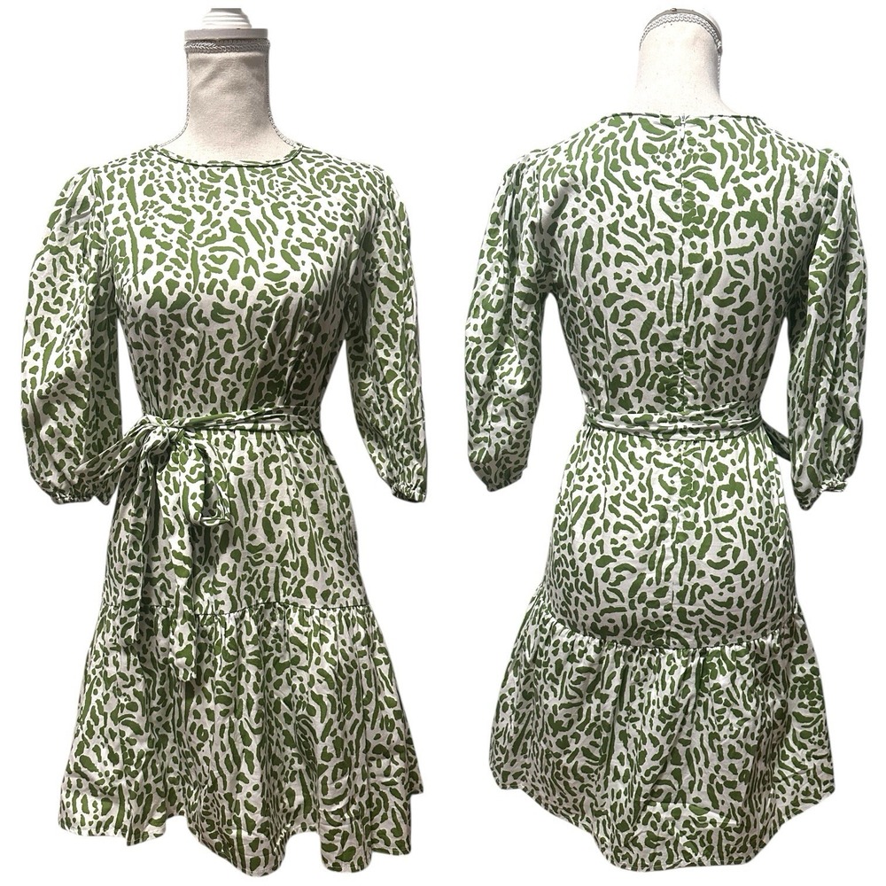 LaRoque Green White Abstract Print Puff‎ Sleeve Tiered Mini Dress Belted XS